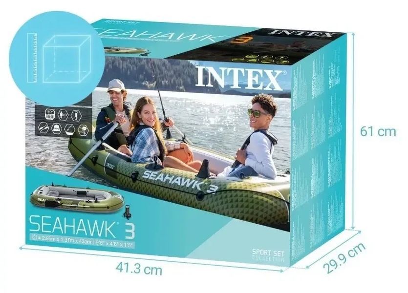 Трехместная надувная лодка Intex 66333 Seahawk 3 Set, 295 х 137 см (весла, ручной насос). 3-х камерный 66333 фото