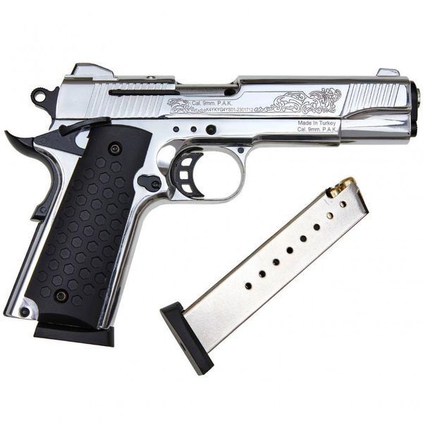 Стартовий пістолет Kuzey Arms 911#6 Matte Chrome Plating Engraved/Black Grips 9093 фото